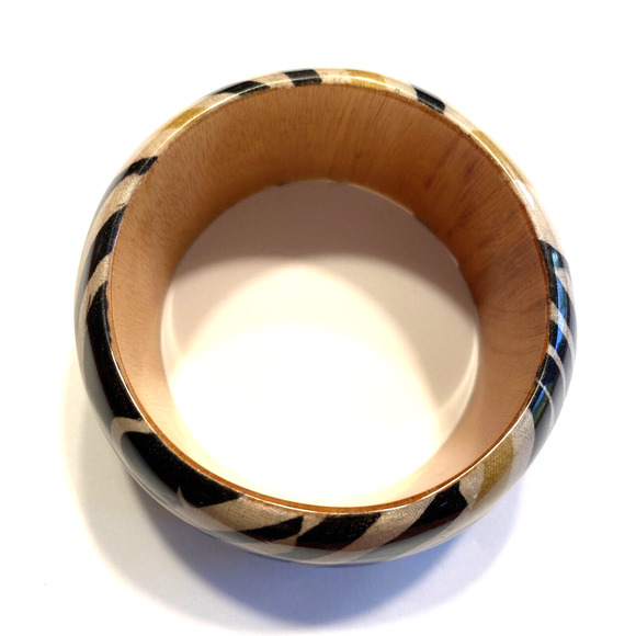 Wooden Bracelet Y2K Wide Domed Bangle Animal Print Tan Black Cream Wood Fashion - Picture 7 of 7